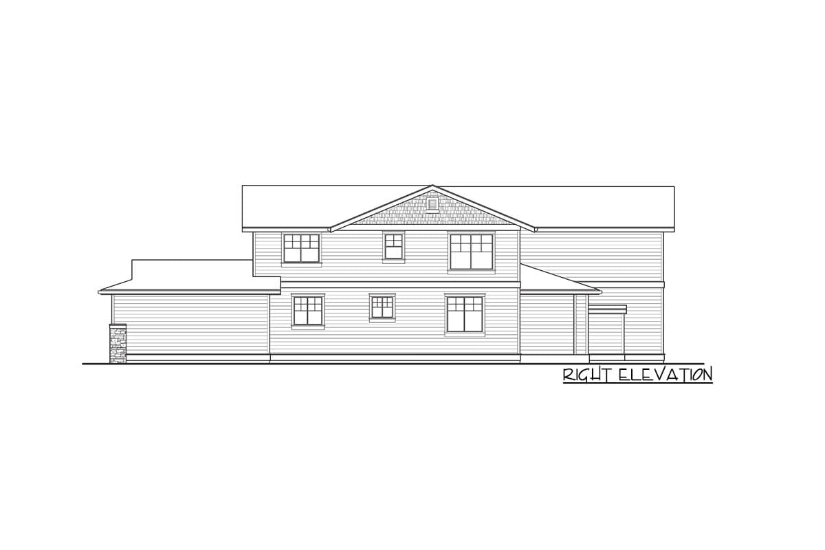 House plan right elevation drawing shows a two-story house with a prominent gabled dormer and siding.