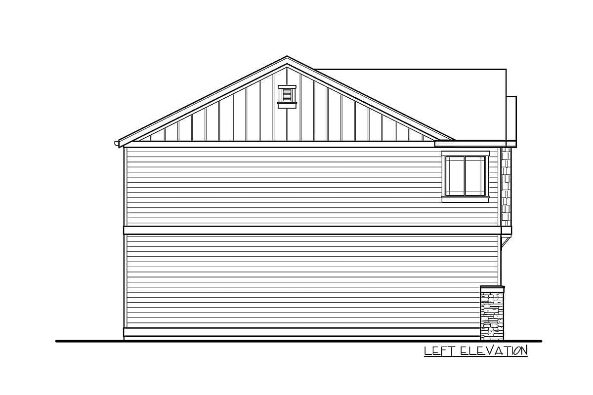 Left elevation house plan drawing: two stories, horizontal siding, gable end with decorative vent, and stone base.