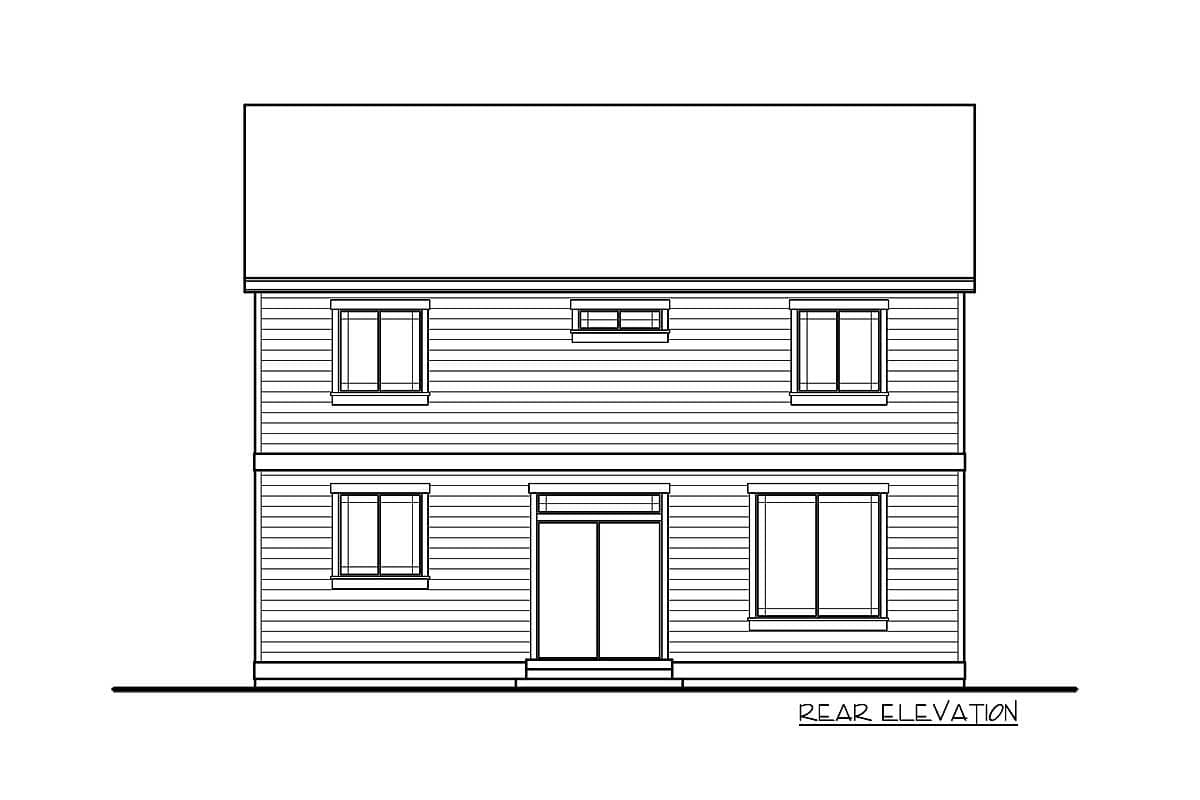 Rear elevation drawing of a two-story house plan with double doors on the main level and windows on both levels.