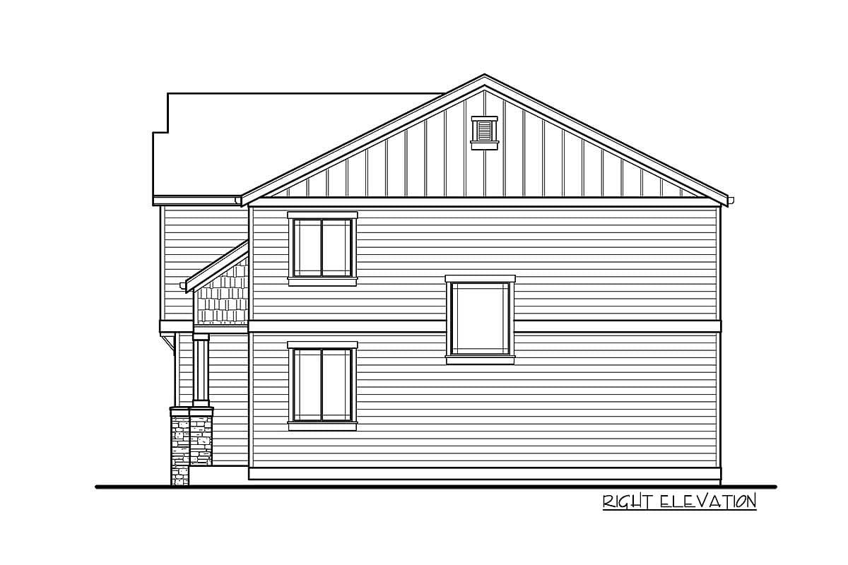Right elevation house plan. Two stories, horizontal siding, gable roof with vertical siding in gable, and a stone-clad porch support.