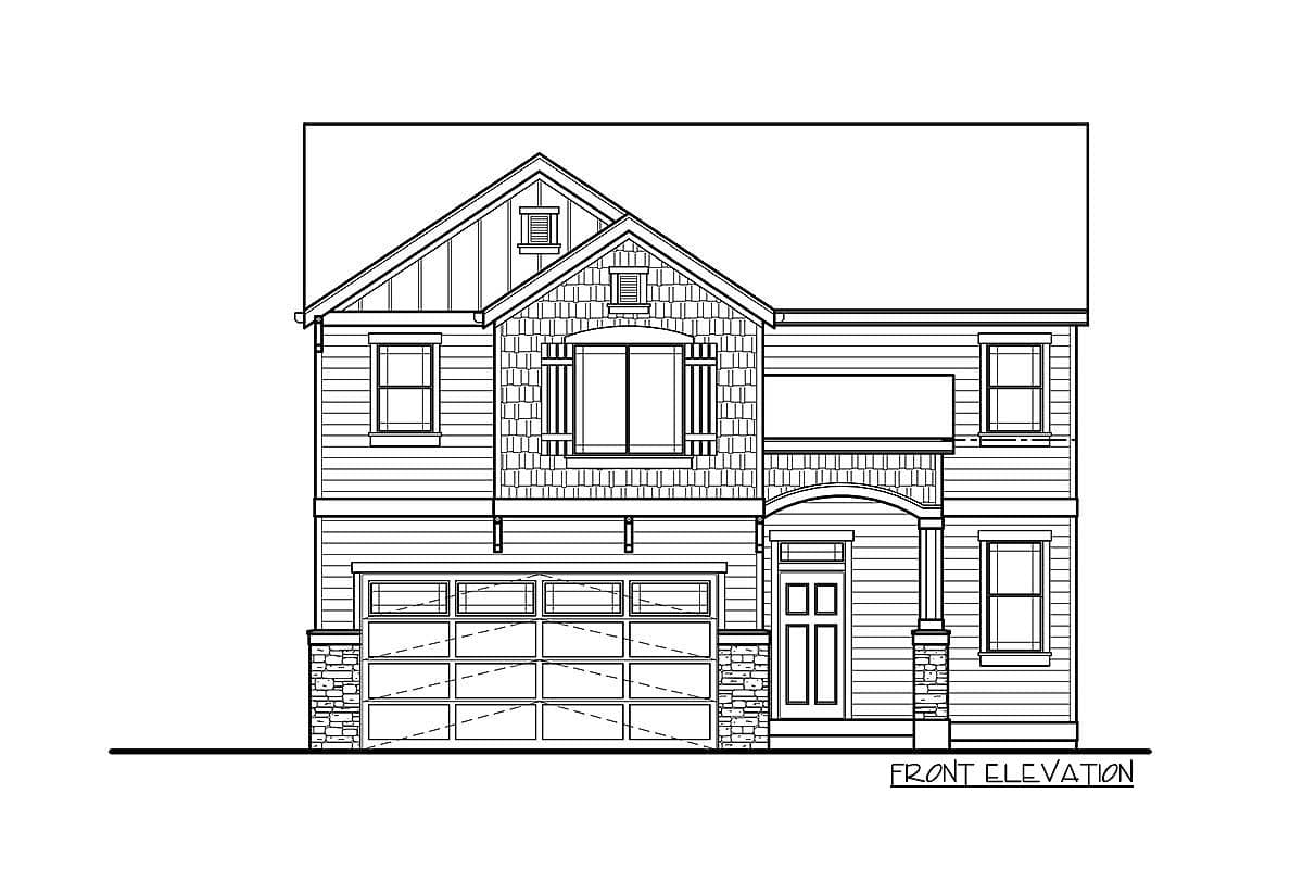 Front elevation drawing of a two-story house plan with gabled roof, stone accents, and a two-car garage.