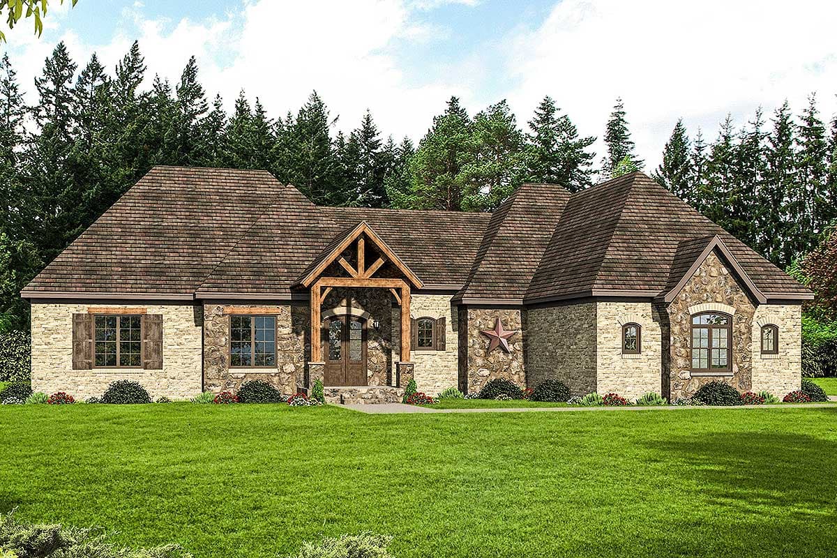 House plan exterior with stone veneer facade, gabled roof, and timber-framed porch entry. Includes dormers and a decorative star accent.