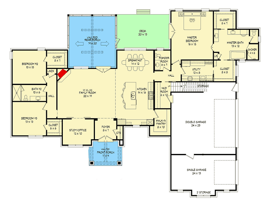 Plan 68507VR: Hip-Roofed House Plan With Bonus Over The Garage - 2782 Sq Ft - Floor Plan - Main Level - Hill Country, Ranch, Traditional