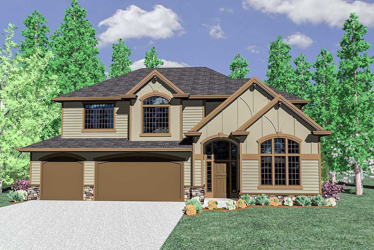House plan exterior of a two-story home with a two-car garage, arched entry, and multiple gables.