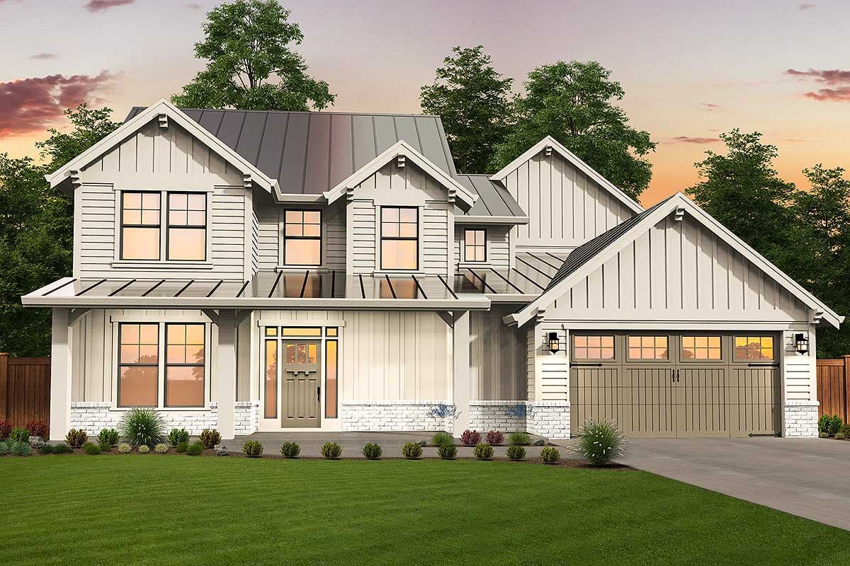 Modern Farmhouse house plan exterior, two stories, metal roof, board and batten siding, gables, dormers, covered entry, and garage.