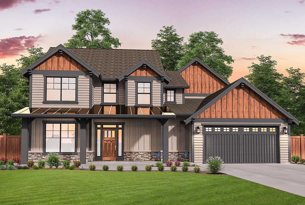 House plan exterior. Two-story Modern Farmhouse with gables, covered porch, and attached garage. Features include board and batten siding.