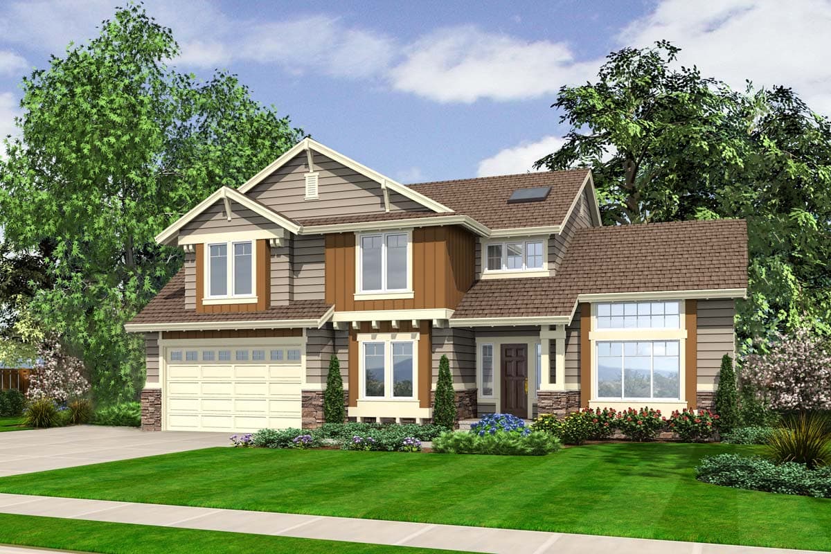House plan exterior with two stories and Craftsman style. Features include gabled rooflines, a front-entry garage, and a covered front porch.