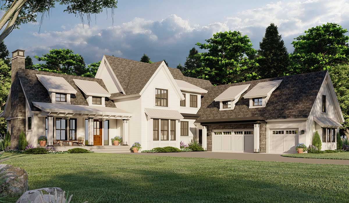 House plan exterior: Modern Farmhouse style, two stories, prominent gables, covered front porch, and a three-car side-entry garage.