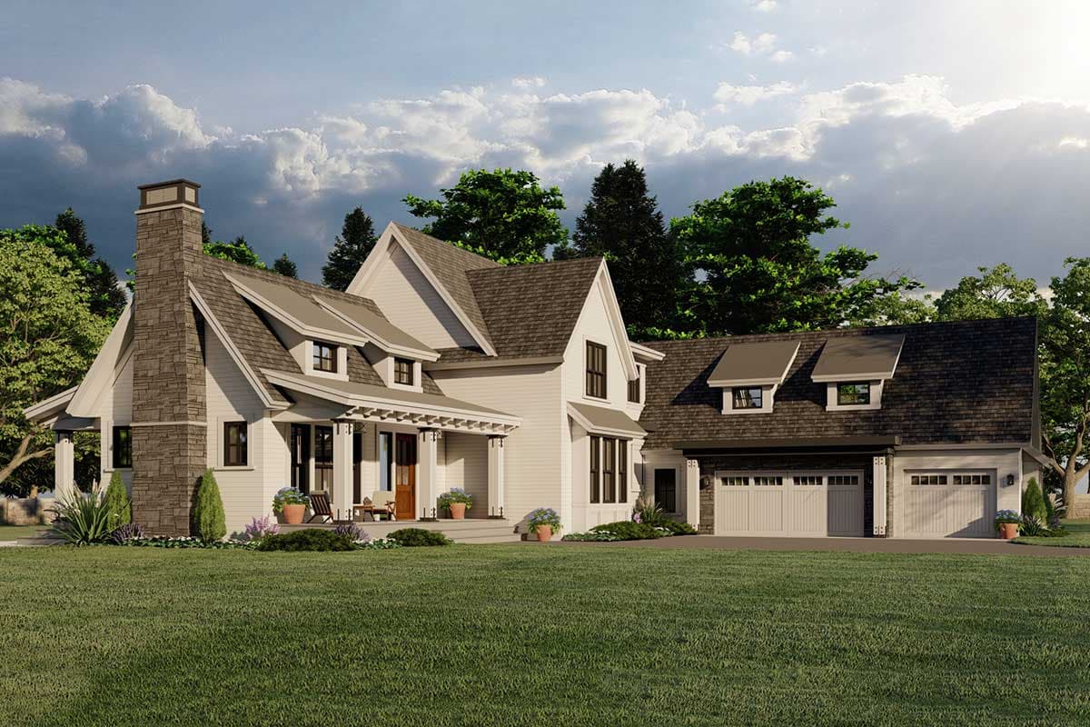 House plan exterior featuring a stone chimney, gabled dormers, covered porch, and a three-car garage.