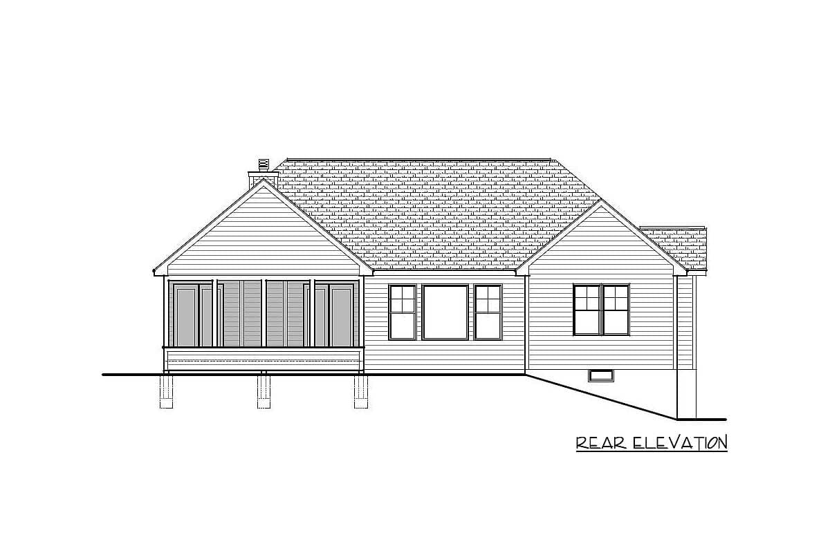 Rear elevation drawing of a house plan featuring a gabled roof, multiple windows, and a covered porch.