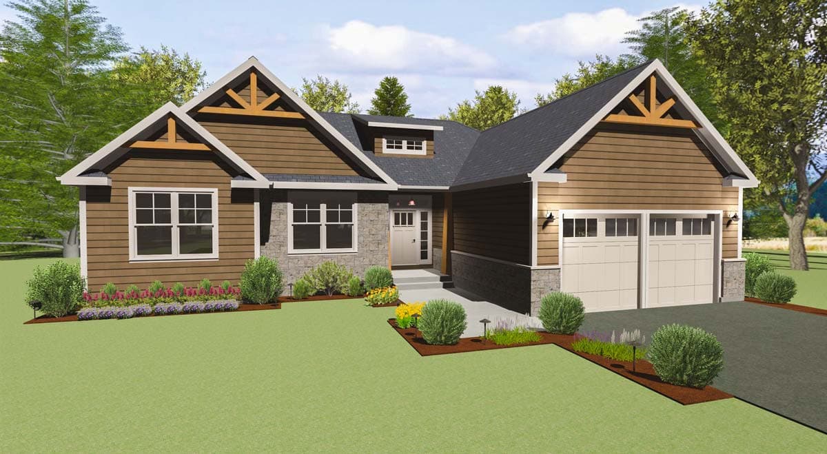 Craftsman house plan exterior, one story, featuring wood siding, stone accents, dormer, and a two-car garage.