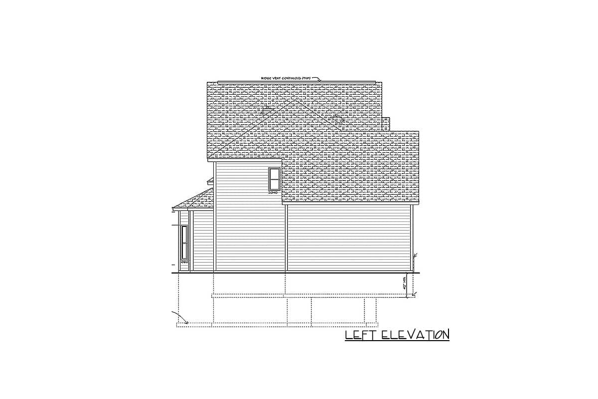 Left elevation house plan drawing showing two stories, vinyl siding, gabled roof with ridge vent, and a side entry door.