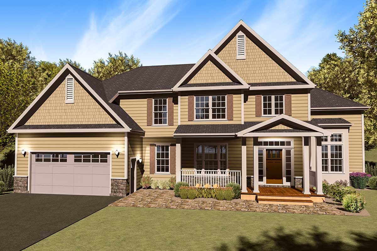 House plan exterior: two-story home with hip roof, gabled dormers, covered porch, and side-entry garage.