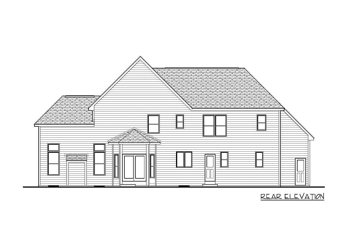 Rear elevation drawing of a two-story house with a prominent gable, hip roof, and covered entry with double doors.