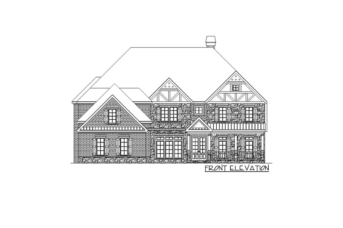 Front elevation drawing of a two-story house with brick and stone exterior, multiple gables, dormers, and a covered porch.