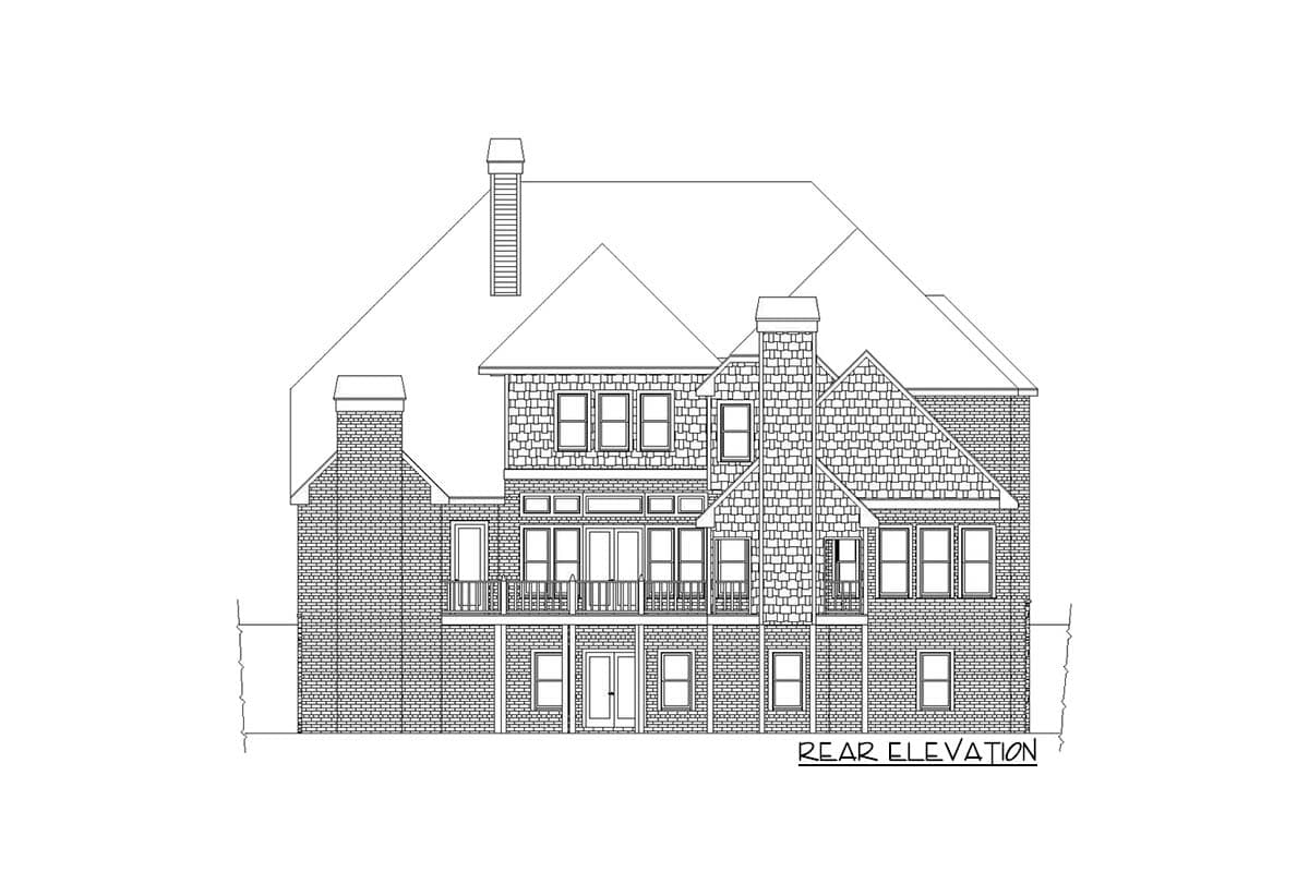 Rear elevation drawing of a two-story house plan featuring multiple gables, chimneys, and a prominent roofline.