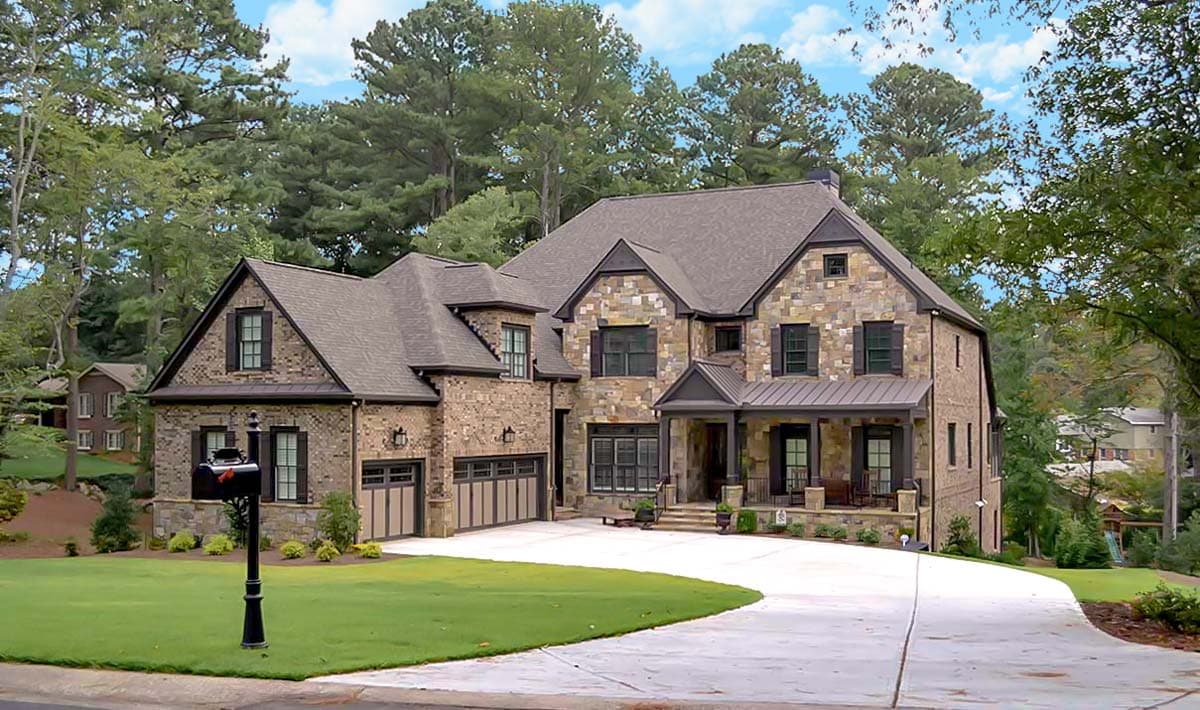 House plan exterior with stone and brick facade, two stories, front porch, multiple gables, and attached garage.