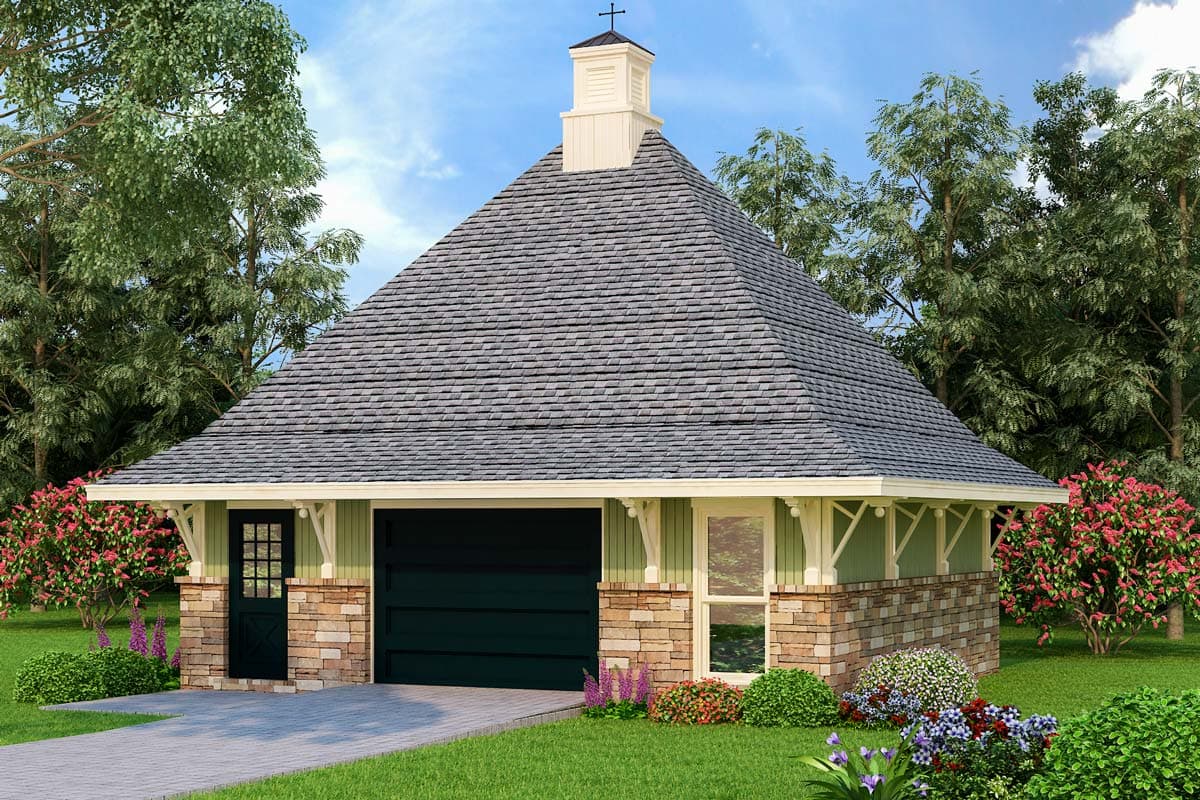 House plan exterior. One story with a steeply pitched roof. Features include a cupola, a garage door, and exposed rafters.
