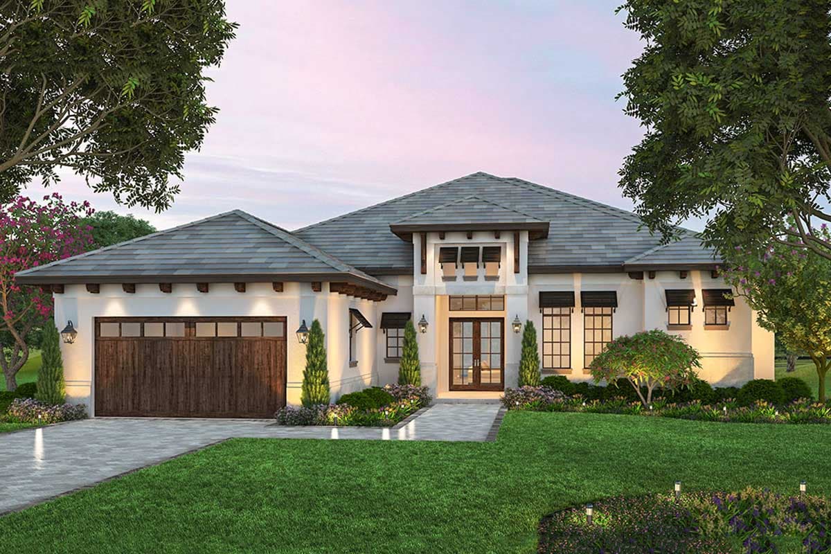 House plan exterior. Two-story Mediterranean-style home with a gabled roof, a two-car garage, and a covered entry.