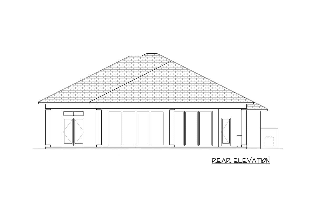 Rear elevation drawing of a single-story house with a hip roof, double doors, multiple large windows, and a single door.