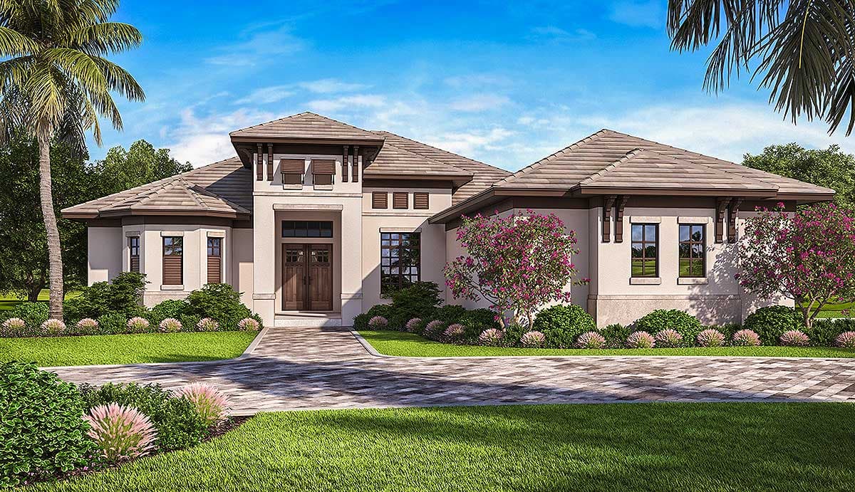 House plan exterior. One-story design with multiple gables, exposed rafter tails, and a tile roof. Includes a driveway and landscaping.