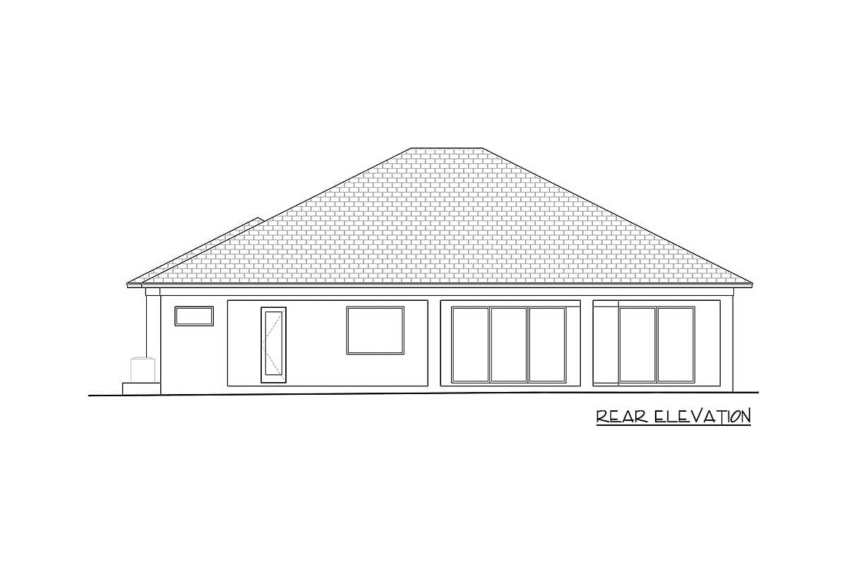 Rear elevation drawing of a single-story house plan featuring a hipped roof, a prominent window band, and a small side entry.