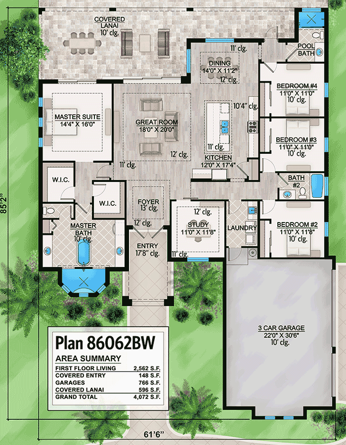 Plan 86062BW: One Story House Plan With Open Floor Plan - Floor Plan - Main Level - Florida-Style, Southern