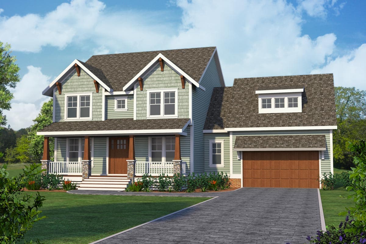 House plan exterior rendering. Two-story Craftsman home with a front porch, multiple gables, and attached garage with dormer window.