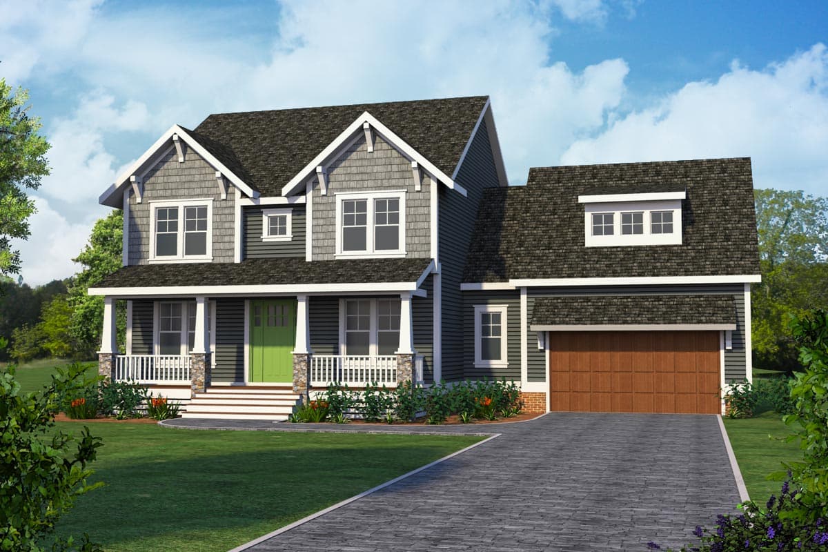 House plan exterior: two-story Modern Farmhouse with covered porch, gables, dormers, and attached two-car garage.