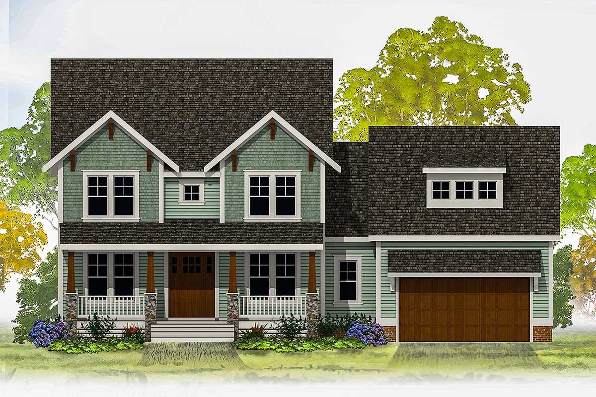 House plan exterior: Two-story Modern Farmhouse with gabled dormers, a covered front porch with stone columns, and an attached two-car garage.