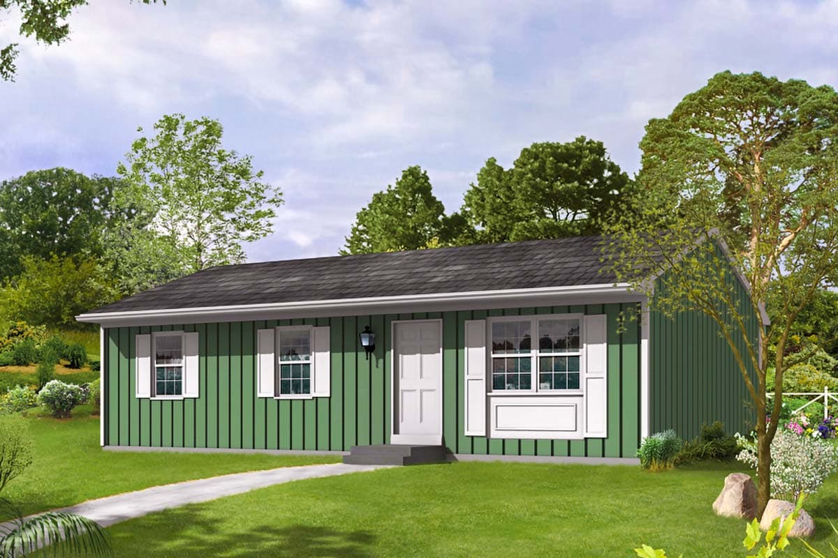 House plan exterior. Single-story ranch-style home with vertical siding, shuttered windows, and a simple roofline.