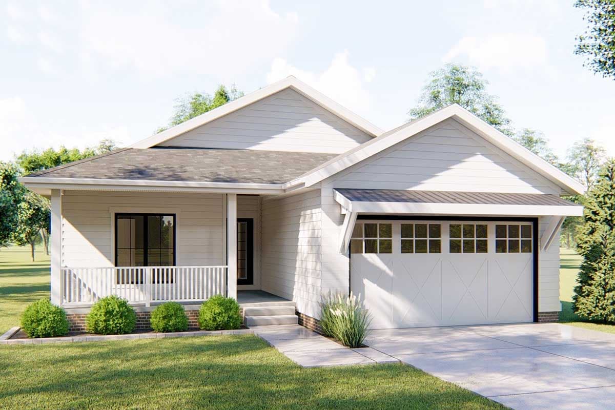 House plan exterior. Ranch style with a front porch, gabled roof, and attached garage. Features horizontal siding and grid-style windows.