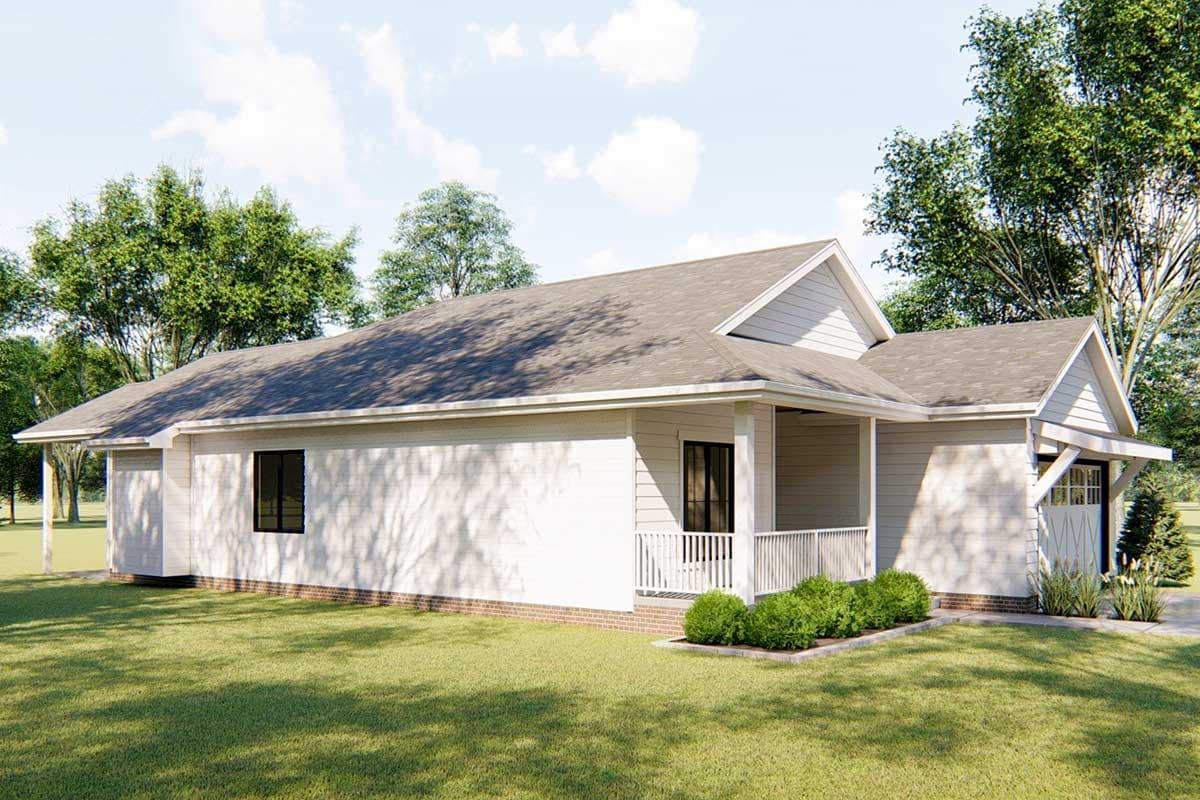 House plan exterior: one-story Modern Farmhouse with a covered front porch, gabled rooflines, and attached garage.