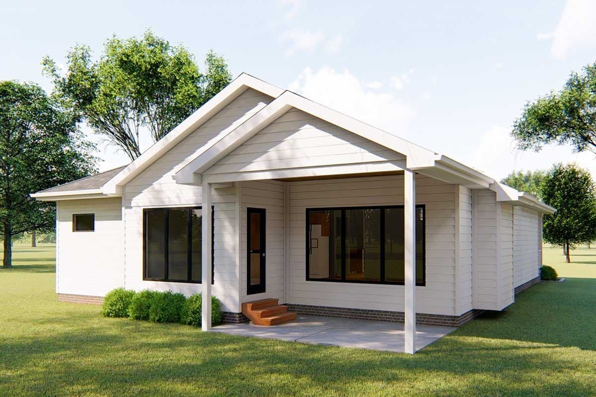 House plan exterior: Single-story Modern Farmhouse with gabled roof, covered front porch, and large windows.