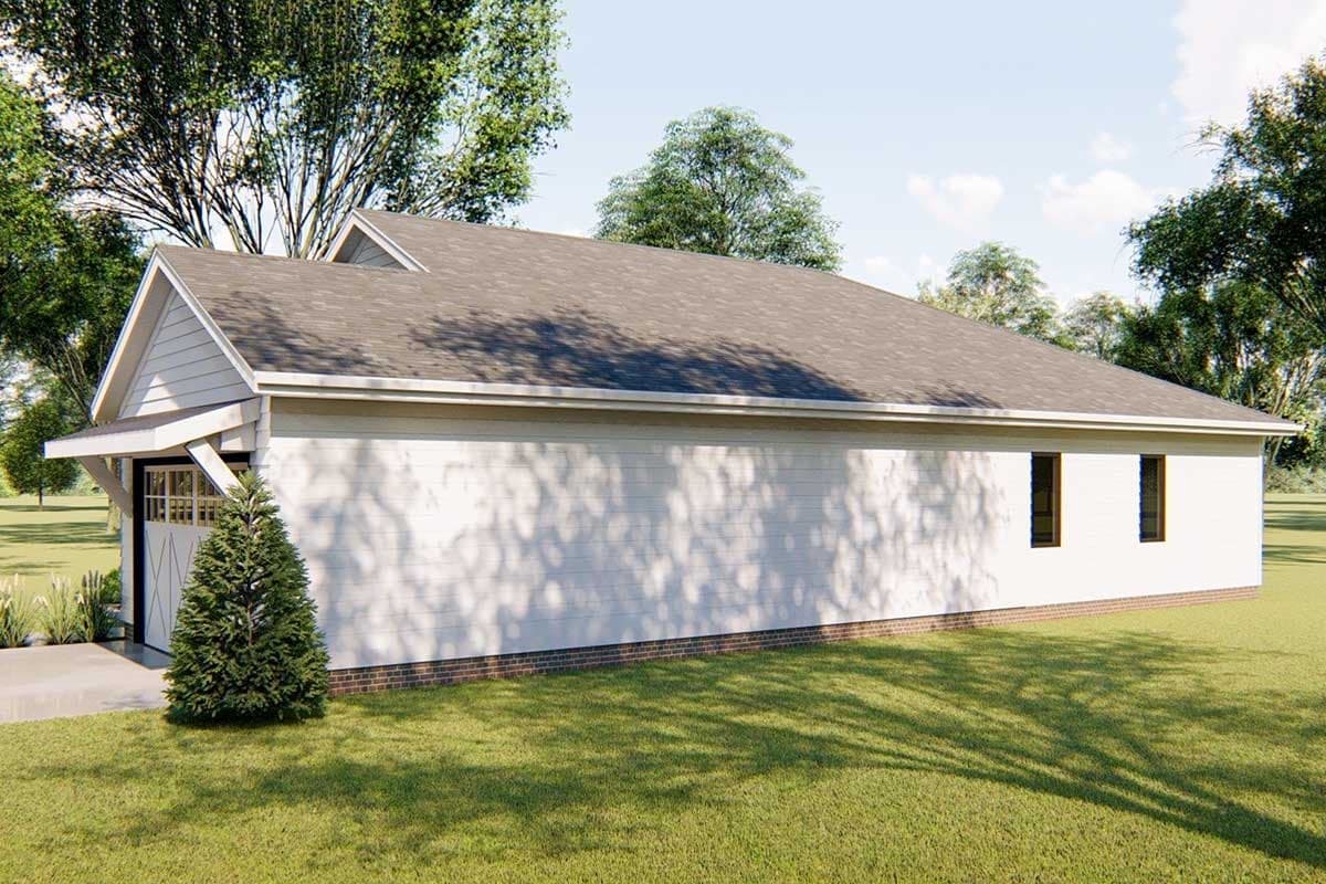 House plan exterior view: Single-story Modern Farmhouse with a visible garage door, gable, and horizontal siding.