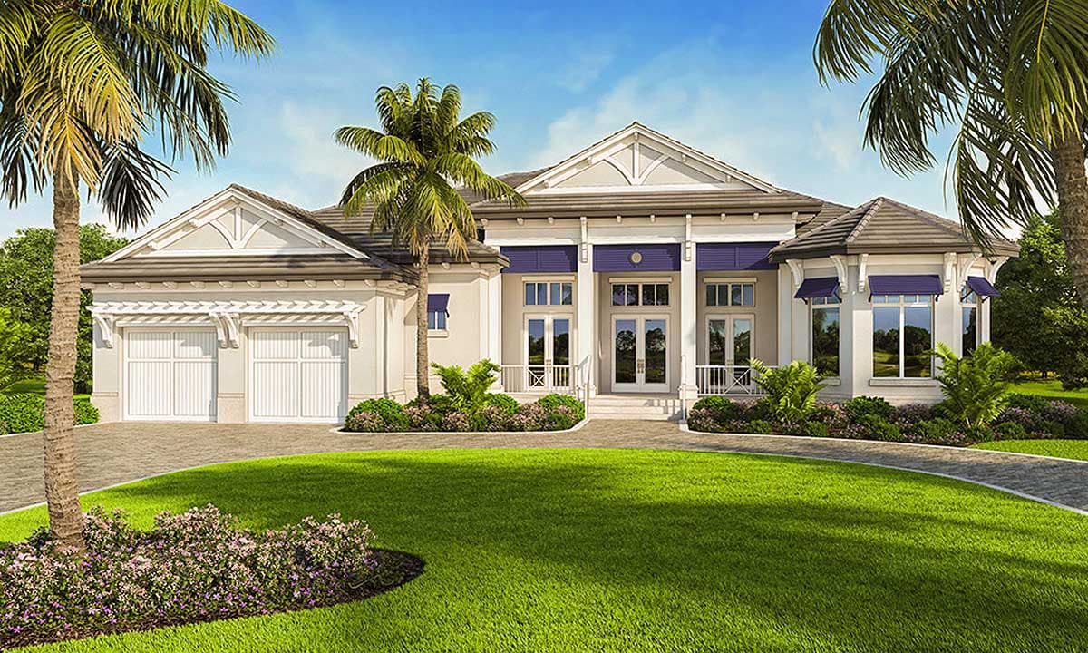 House plan exterior. Two-story, coastal style with a portico, gables, and a three-car garage. Features include white columns and awnings.