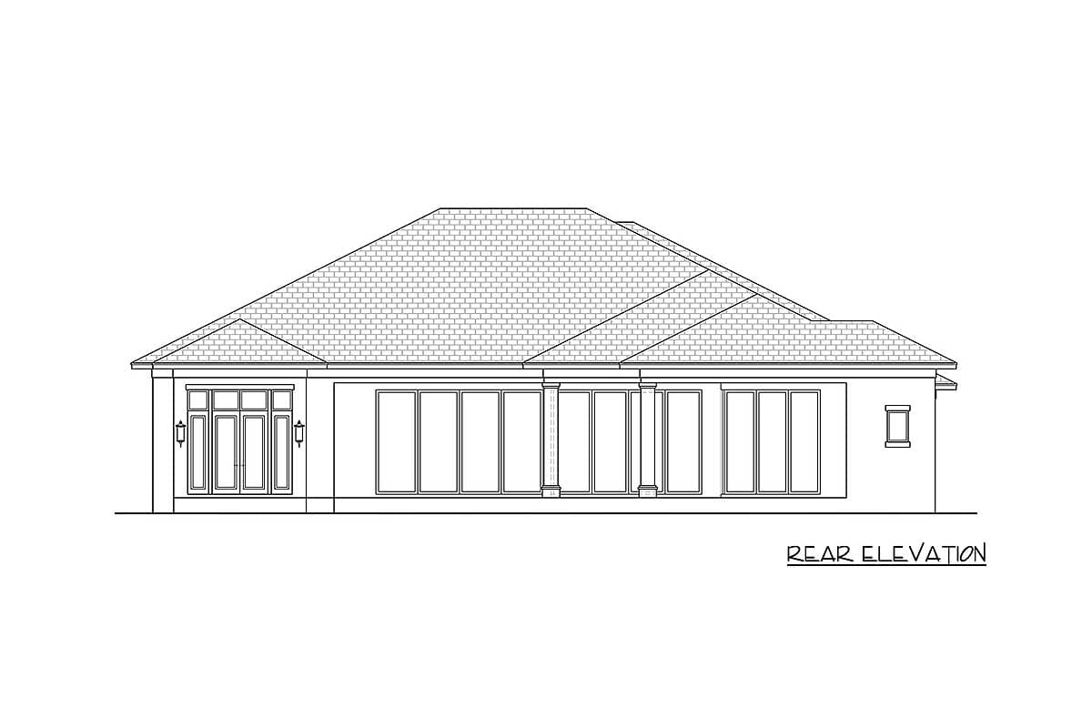 Rear elevation drawing of a house plan showing a long bank of windows and a multi-pane entry door.