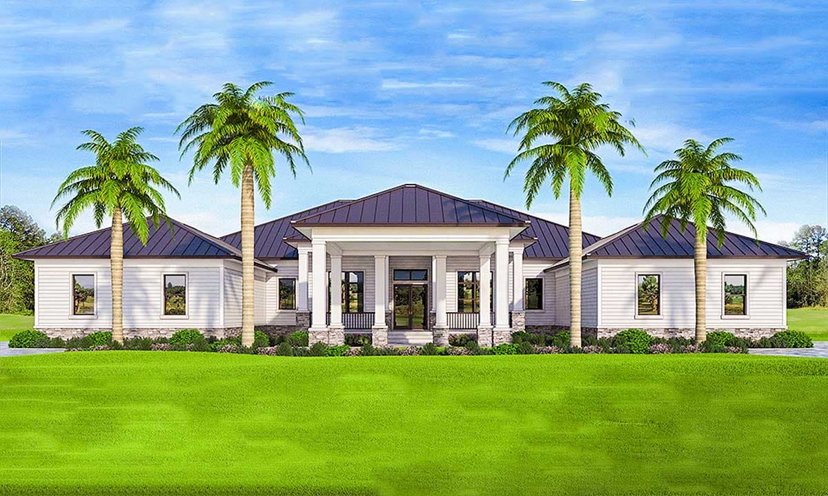 House plan exterior with columns, multiple gabled roofs, and a covered porch. Palm trees flank the residence in a tropical landscape.