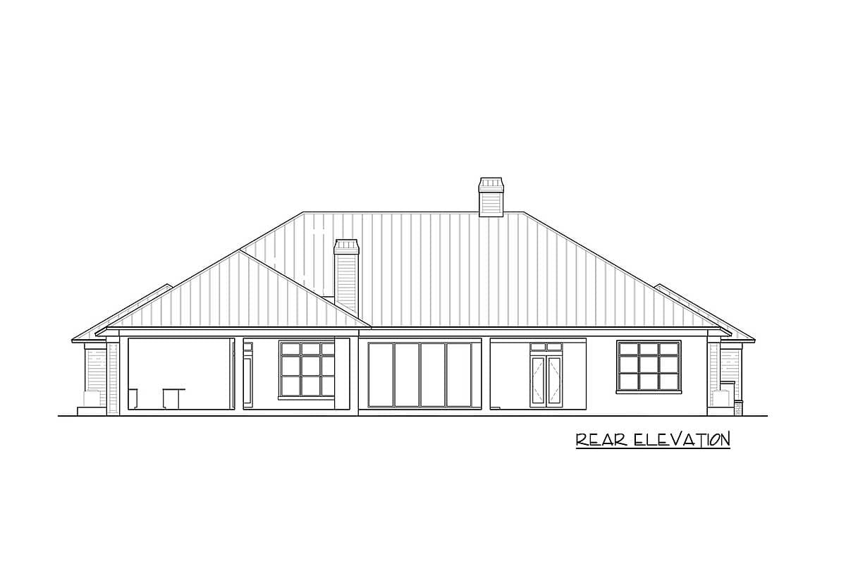 Rear elevation drawing of a single-story house plan with a covered patio, two chimneys, and grid-paned windows.