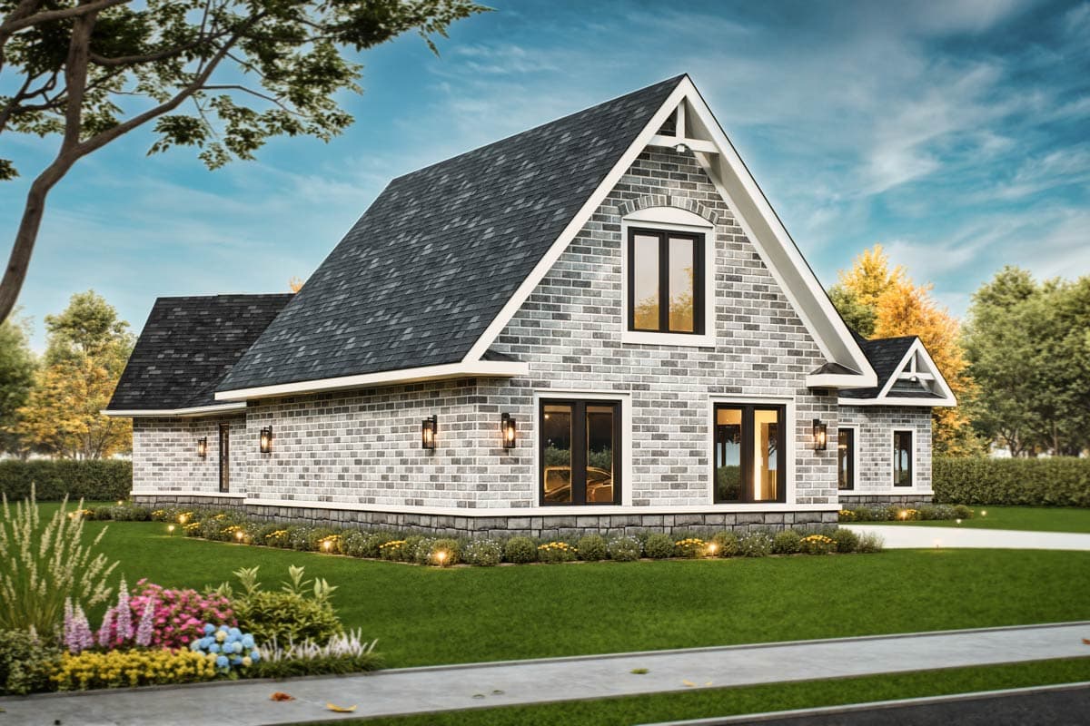 House plan exterior: Modern style with gray brick facade, steeply pitched roof, prominent gables with exposed rafter tails, and two-story windows.