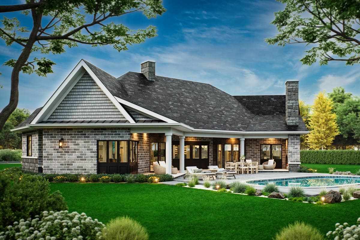 House plan exterior view: Single-story Modern Farmhouse with brick facade, gabled roof, cedar shake accent, and covered patio.