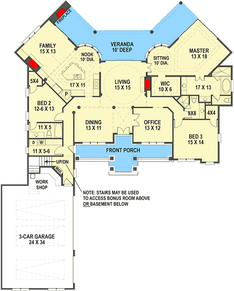 Plan 12313JL: Traditional House Plan With Brick Exterior And Bonus Over Garage - 2474 Sq Ft - Floor Plan - Main Level - Country, Craftsman, Traditional