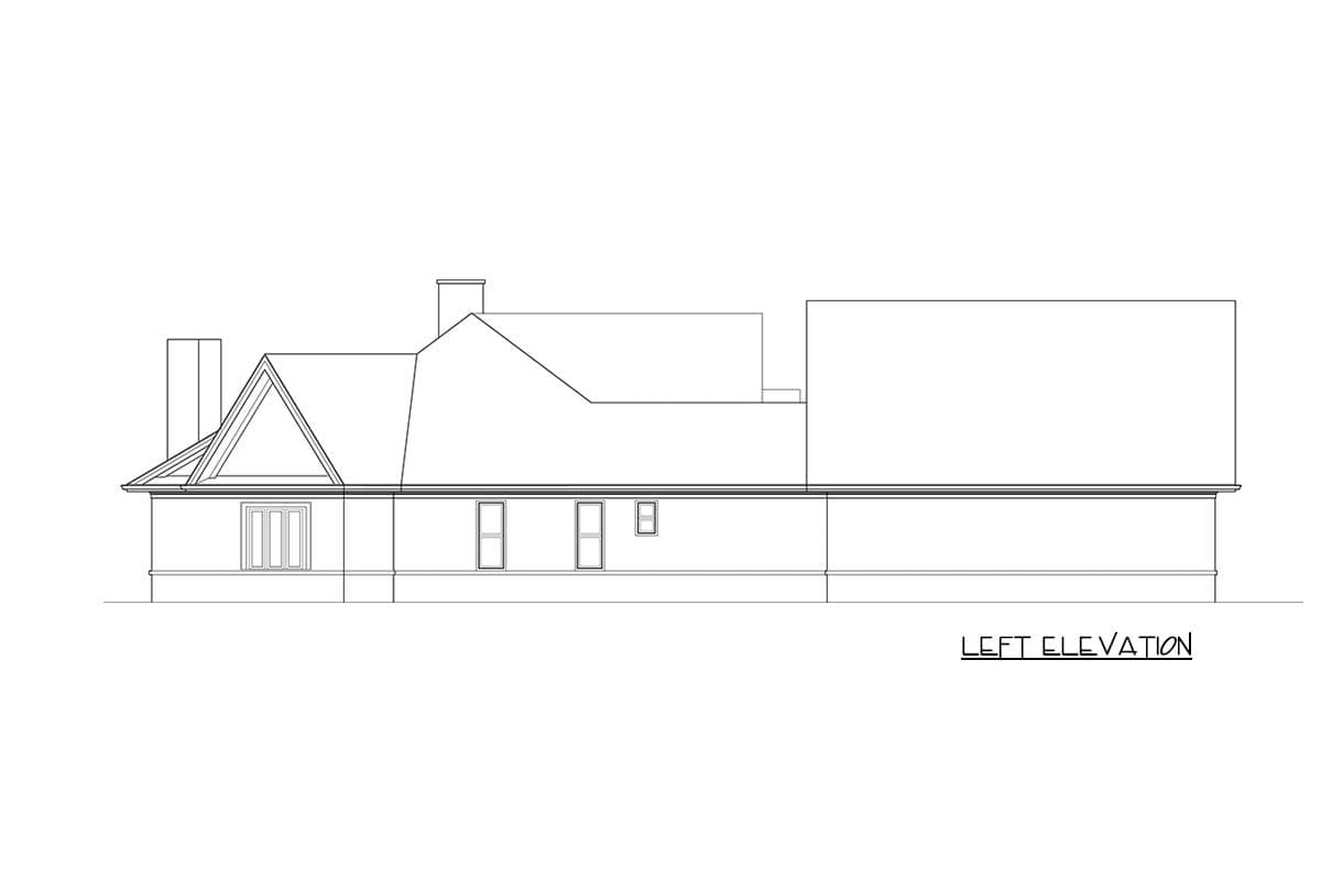 Left elevation house plan with multiple gables, a prominent chimney, and various window types.