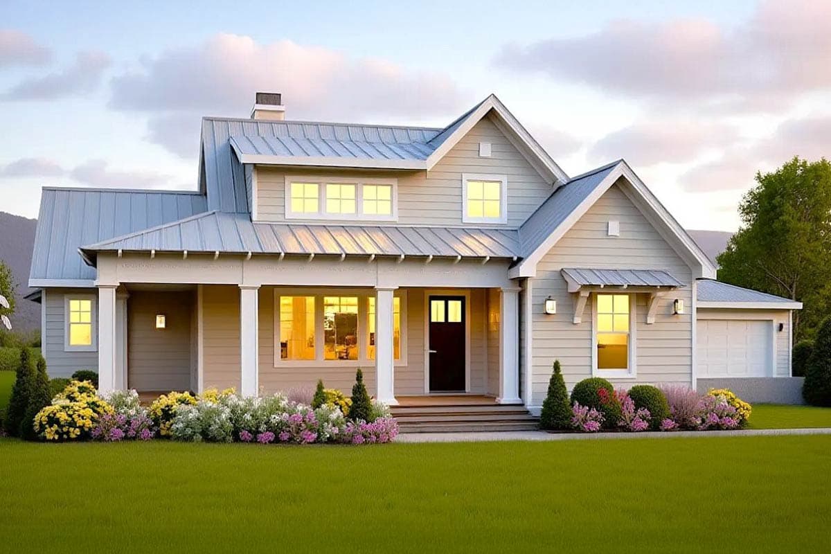 House plan exterior featuring a two-story farmhouse style home with a front porch, gabled roof, and attached garage.