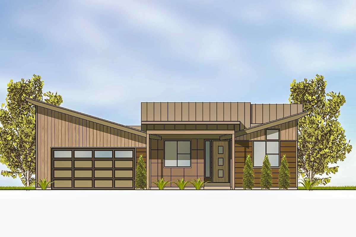 House plan exterior. Modern style, single story home with angled rooflines and attached garage. Includes a covered front entry and wood siding.