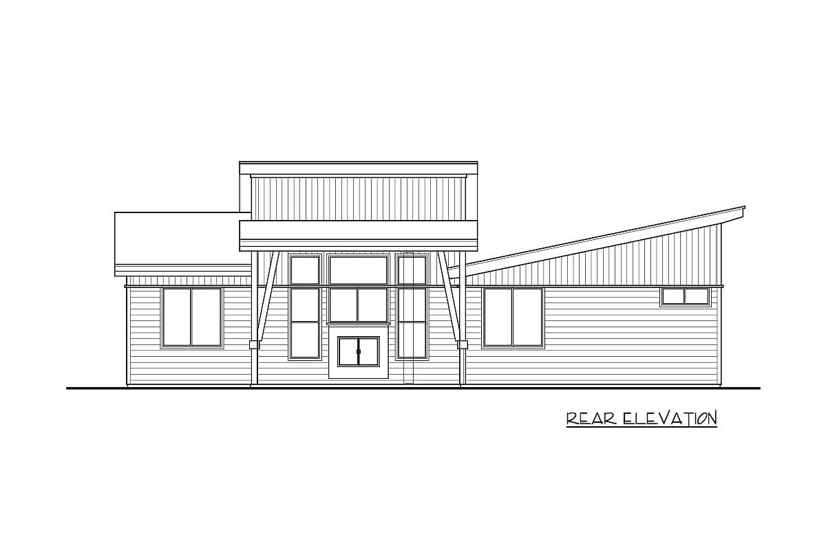 Rear elevation drawing of a modern house plan featuring a shed roof, large central windows, and two stories.