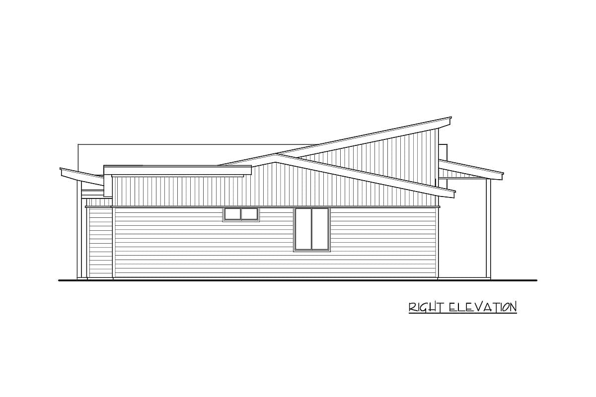 Right elevation drawing of a modern house plan with a multi-level, asymmetrical roofline and horizontal siding.