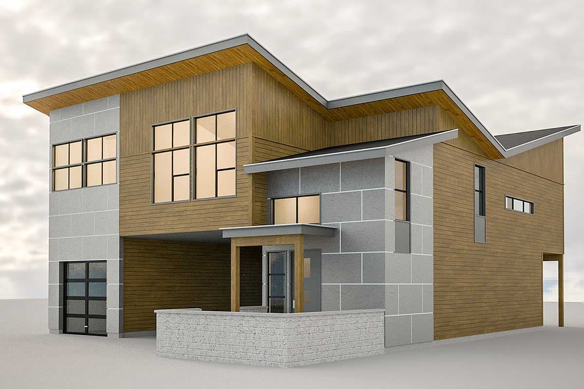 House plan exterior with asymmetrical rooflines, wood siding, stone accents, large windows, and a modern garage door.
