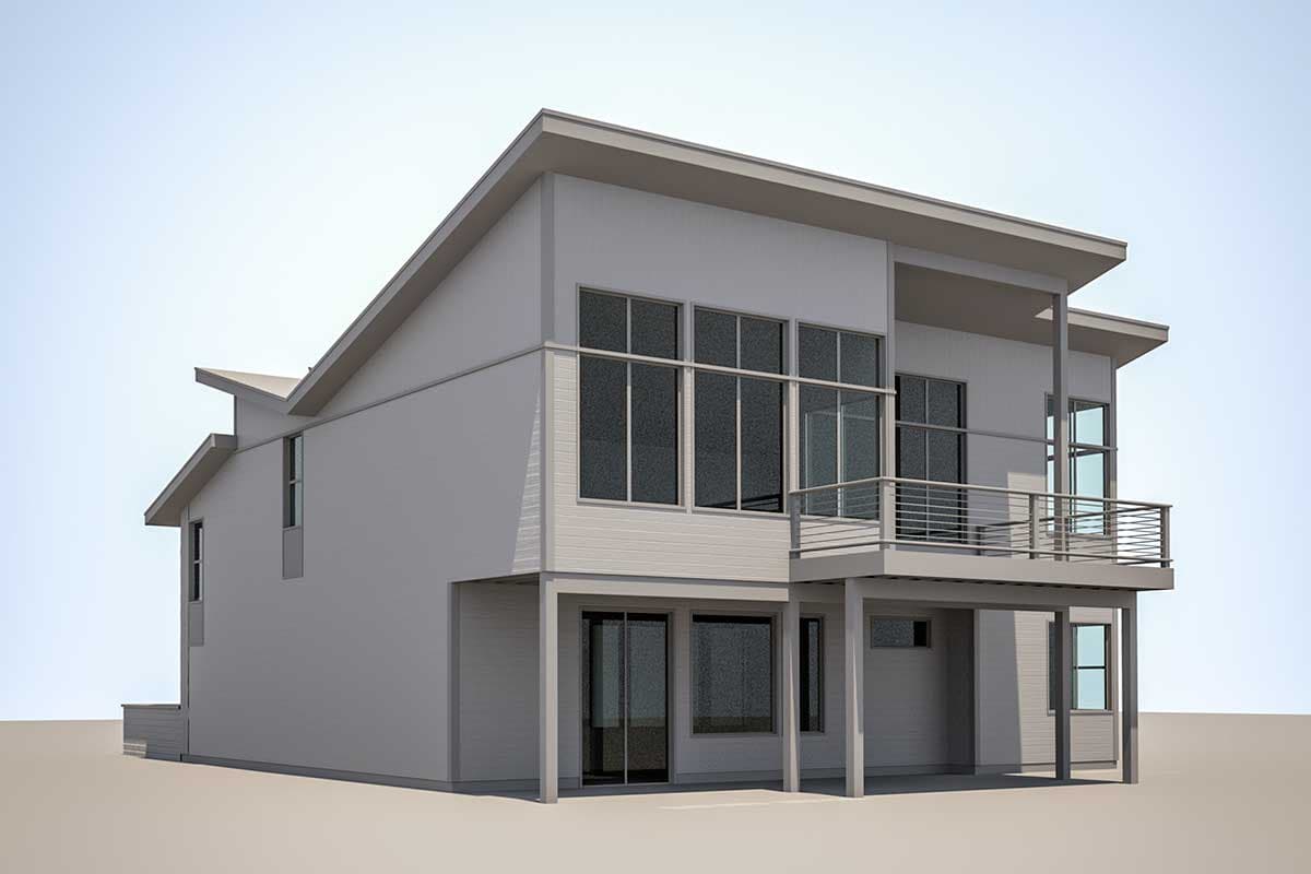 Modern house plan exterior with a flat roof, large windows, and a second-story balcony.