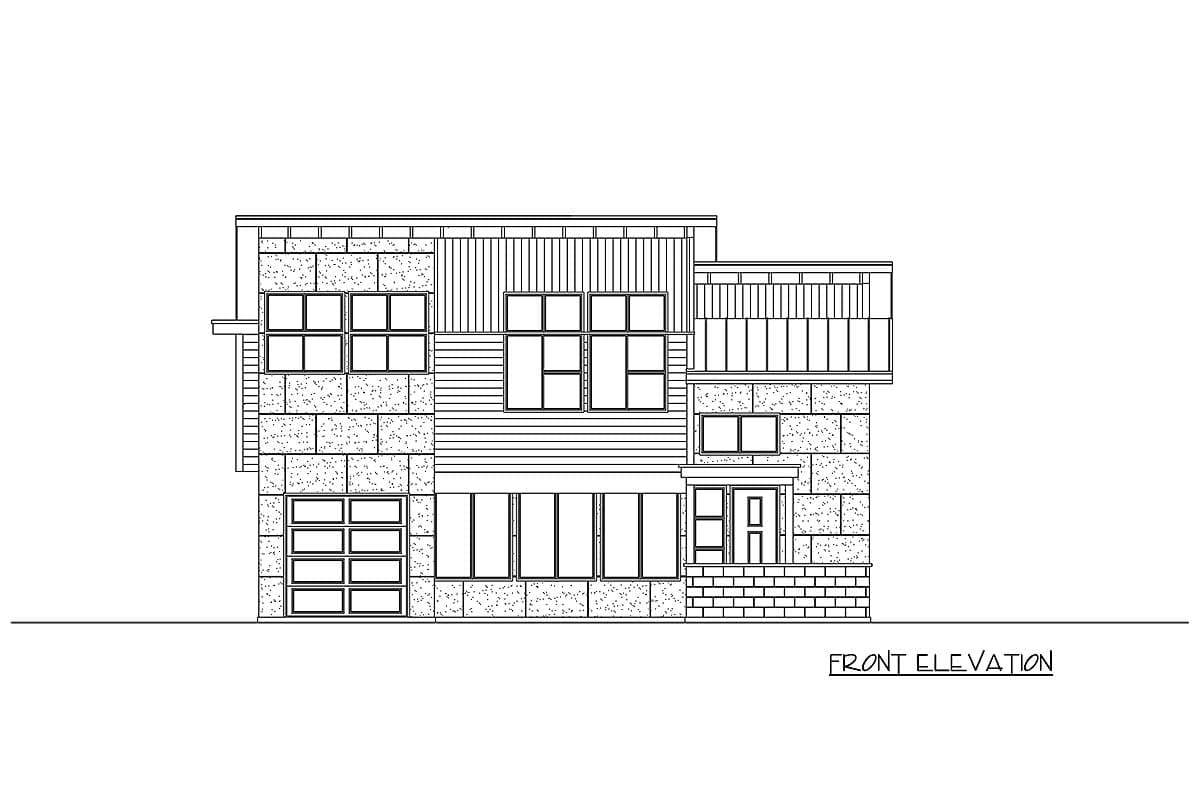 Front elevation drawing of a two-story house with a modern design, featuring mixed cladding and a balcony.